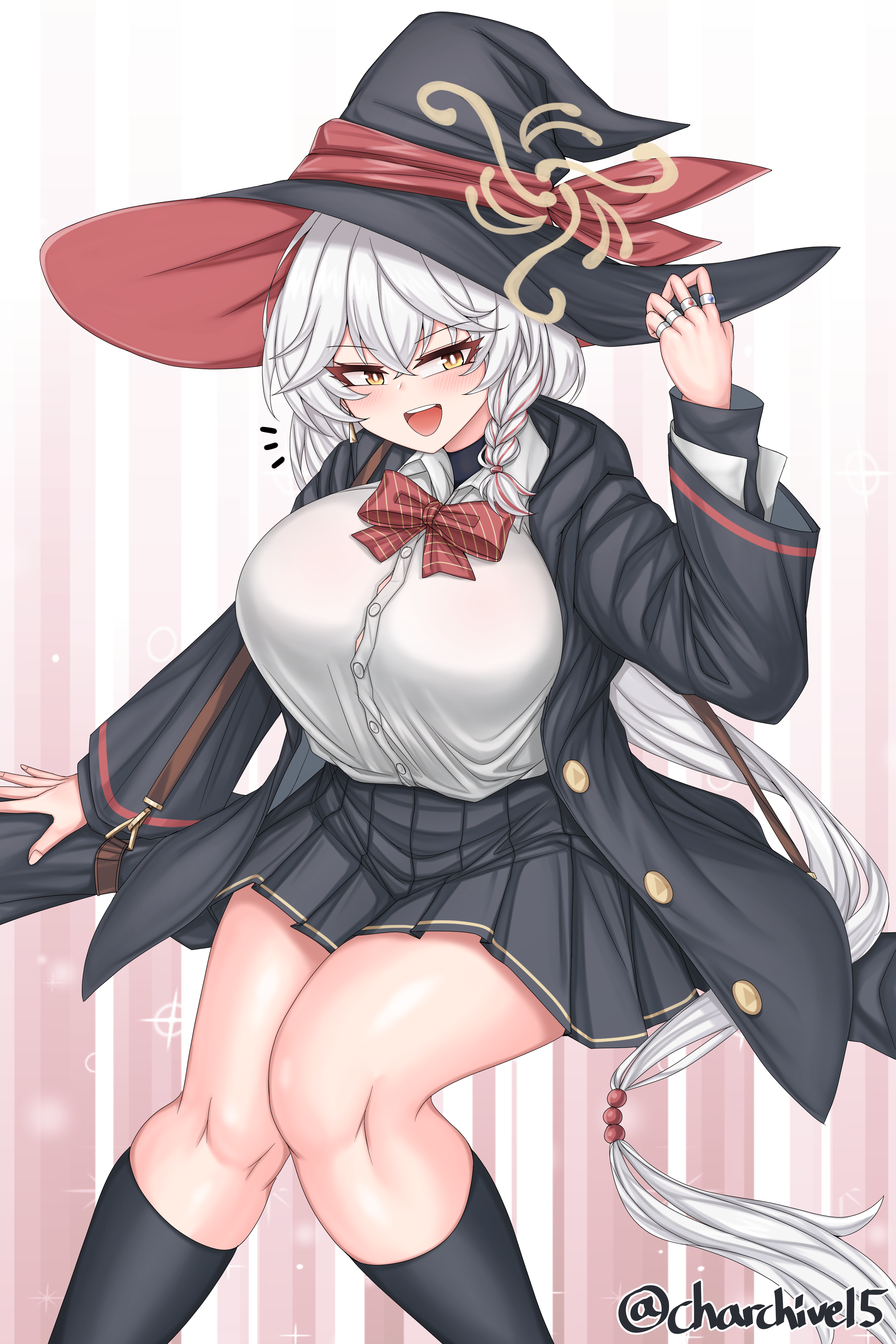 ch (charchive15), eri (blue archive), blue archive, absurdres, highres, 1girl, black robe, black skirt, blush, bow, braid, breasts, hair between eyes, hat, jewelry, large breasts, long hair, long sleeves, notice lines, open mouth, red bow, red hair, ring, robe, shirt, side braid, skirt, smile, solo, twitter username, very long hair, white hair, white shirt, witch, witch hat, yellow eyes