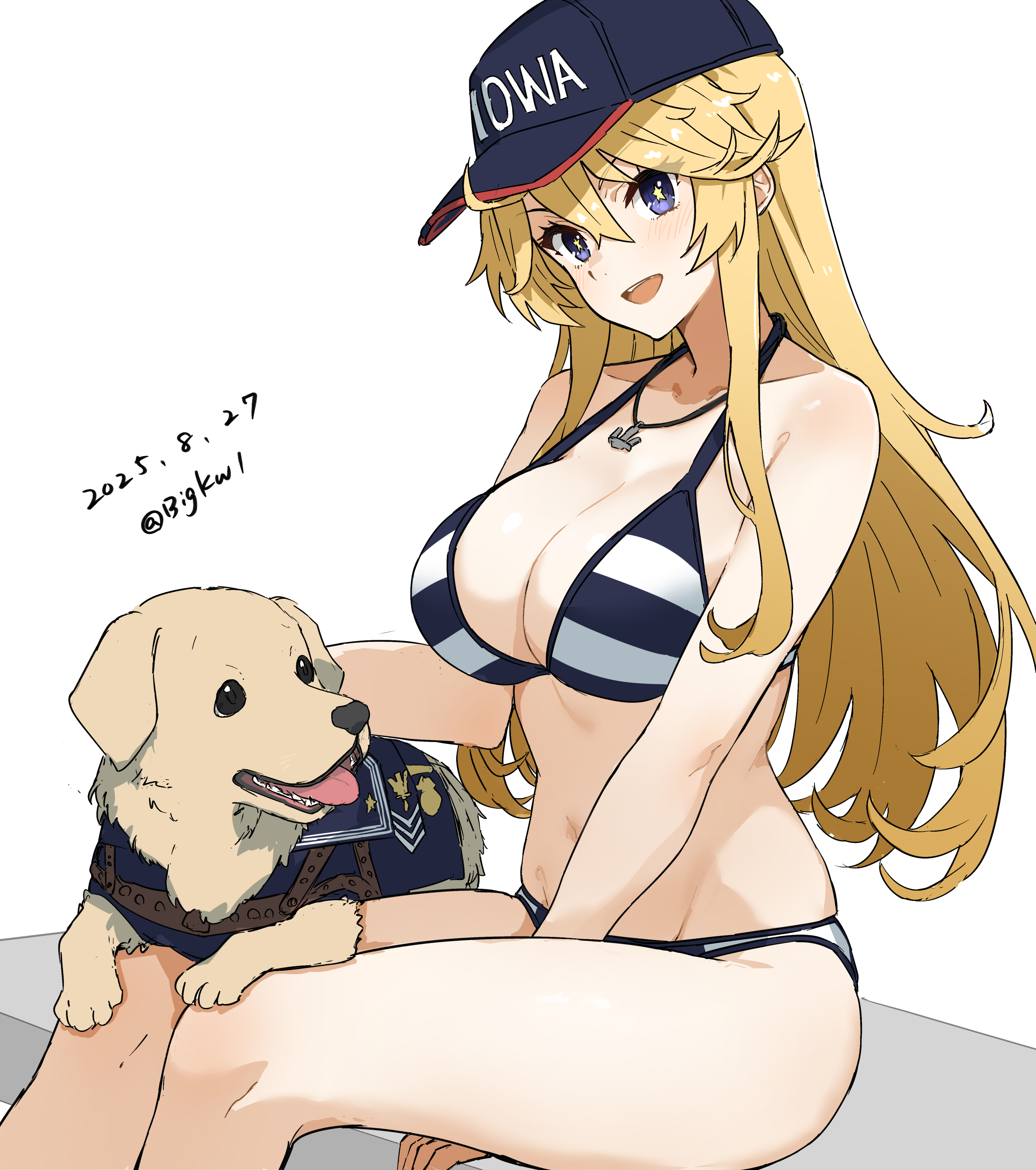 bigkwl, iowa (kancolle), iowa (swimsuit) (kancolle), kantai collection, absurdres, highres, 1girl, artist name, baseball cap, bikini, black bikini, black hat, blonde hair, breasts, cleavage, dated, dog, hair between eyes, hat, large breasts, long hair, looking at viewer, multicolored bikini, official alternate costume, open mouth, simple background, sitting, smile, star-shaped pupils, star (symbol), striped bikini, striped clothes, swimsuit, symbol-shaped pupils, thighs, two-tone bikini, victory (dog), white background