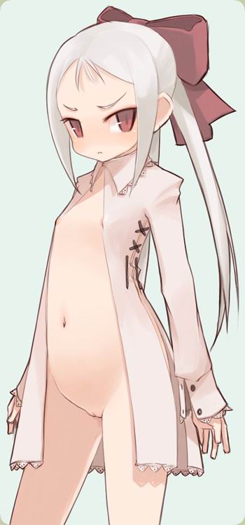 mota, 1girl, angry, bottomless, bow, flat chest, hair bow, loli, nipples, no bra, no panties, open clothes, open shirt, pussy, solo, white hair