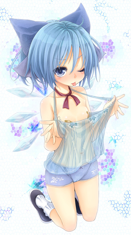 buriki, cirno, touhou, 1girl, ;p, bandages, bandaid, bandaids on nipples, blue eyes, blue hair, bow, camisole, female focus, full body, kneeling, lingerie, loli, no bra, one eye closed, panties, pasties, see-through clothes, shoes, short hair, short shorts, shorts, socks, solo, tongue, tongue out, underwear, wink