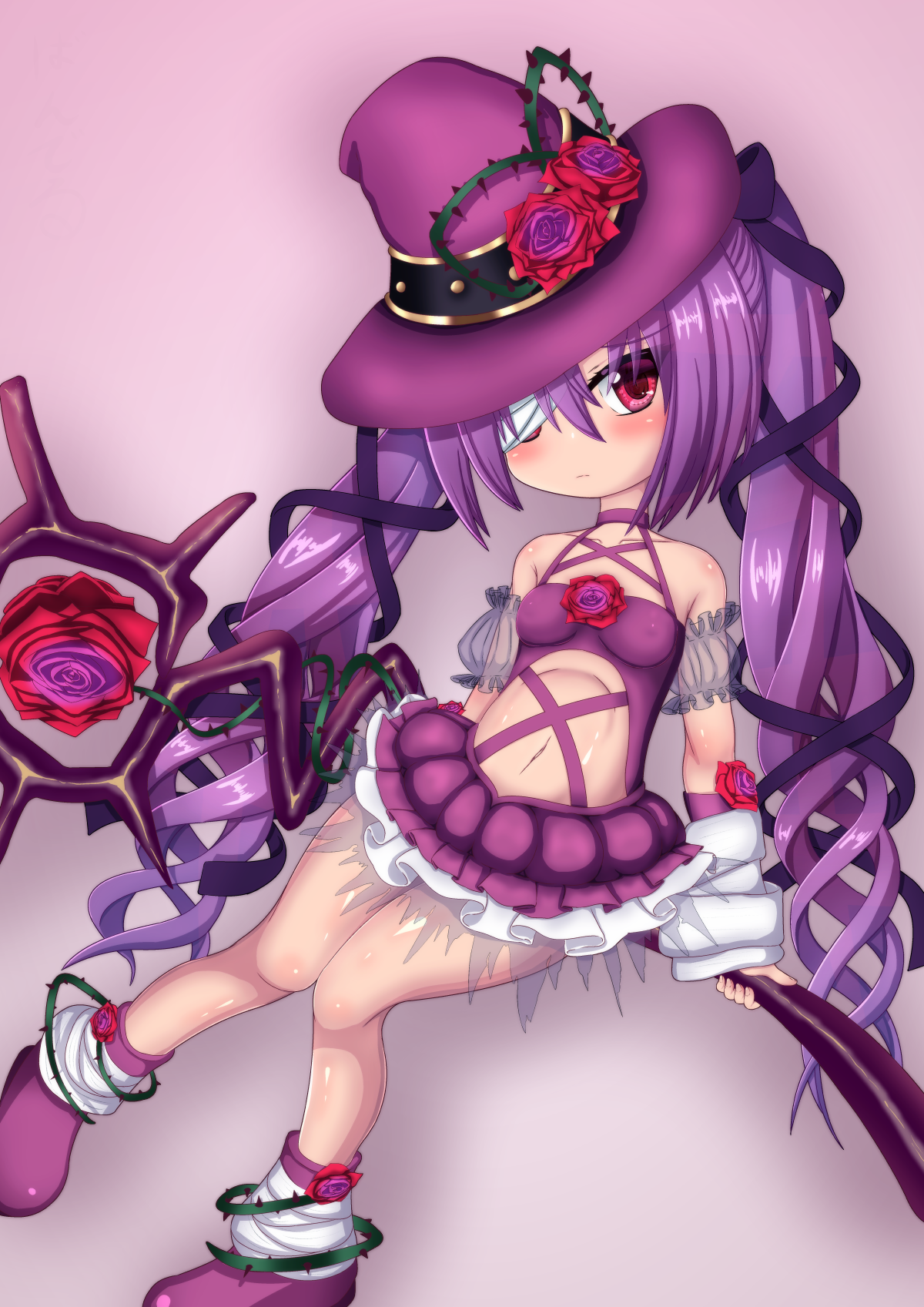 emil chronicle online, highres, 1girl, bandage over one eye, bandages, blush, boots, breasts, clothing cutout, covered erect nipples, criss-cross straps, detached sleeves, dress, drill hair, flower, frilled dress, frills, hair ribbon, hat, hat flower, holding, holding staff, long hair, medium breasts, mummy alma, pink background, purple boots, purple dress, purple eyes, purple hair, purple hat, ribbon, rna0, see-through arm warmers, sleeveless, sleeveless dress, solo, staff, stomach cutout, thorns, twin drills, twintails, white sleeves, witch hat
