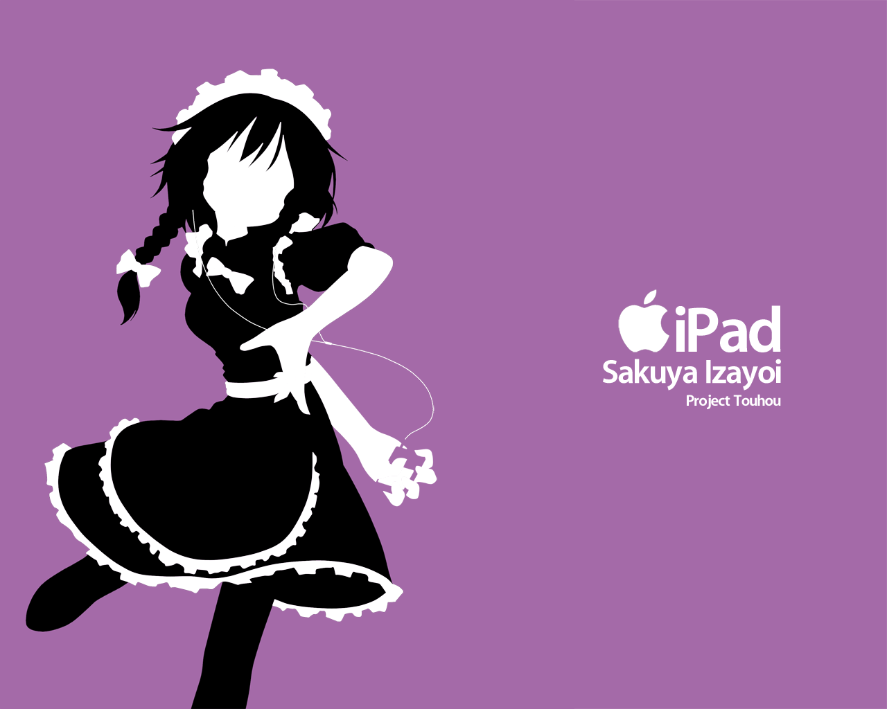 kusaba, kusaba (kusabashiki), izayoi sakuya, apple inc., touhou, 1girl, breast padding, digital media player, female focus, hair ribbon, ipad, ipod, ipod ad, maid, monochrome, pantyhose, parody, pun, purple background, ribbon, solo, tablet pc