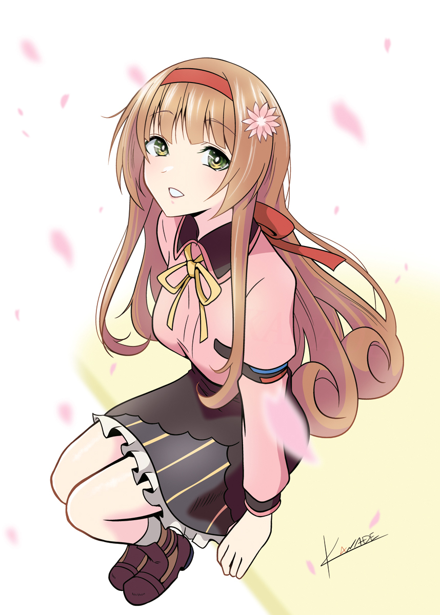 kanade (kanadeya), helena (kancolle), helena (spring) (kancolle), kantai collection, highres, 1girl, black skirt, breasts, brown hair, flower, green eyes, hair flower, hair ornament, hairband, long hair, long sleeves, looking at viewer, medium breasts, neck ribbon, official alternate costume, pink shirt, red hairband, ribbon, shirt, sitting, skirt, solo, very long hair, yellow ribbon