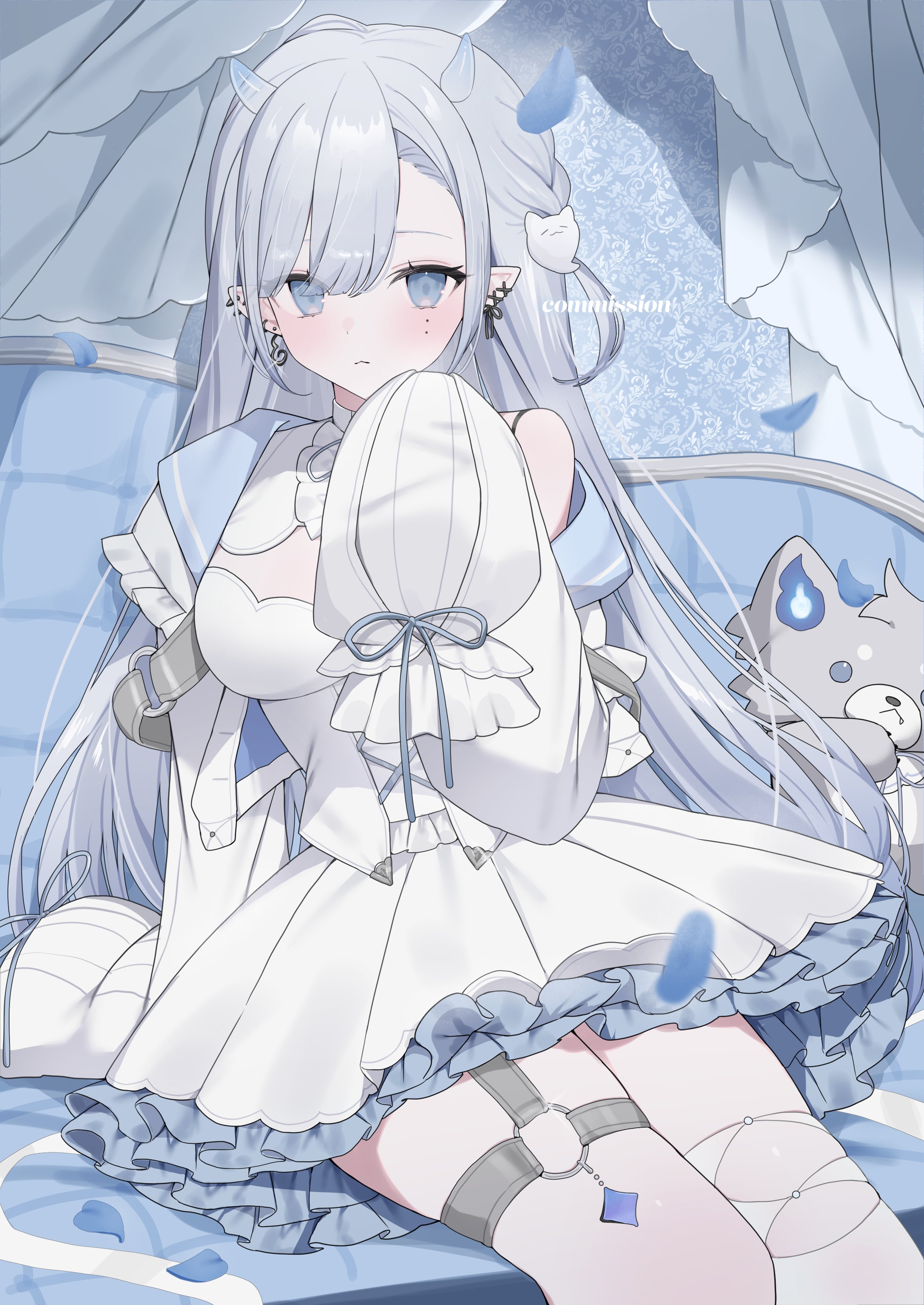kohaku sogo, original, absurdres, highres, 1girl, blue eyes, blush, breasts, closed mouth, dress, earrings, grey hair, hair ornament, horns, jewelry, long hair, long sleeves, looking at viewer, mole, mole on cheek, mole under eye, ribbon, single thighhigh, sitting, sleeves past fingers, sleeves past wrists, stuffed animal, stuffed toy, thigh strap, thighhighs, white dress, white thighhighs