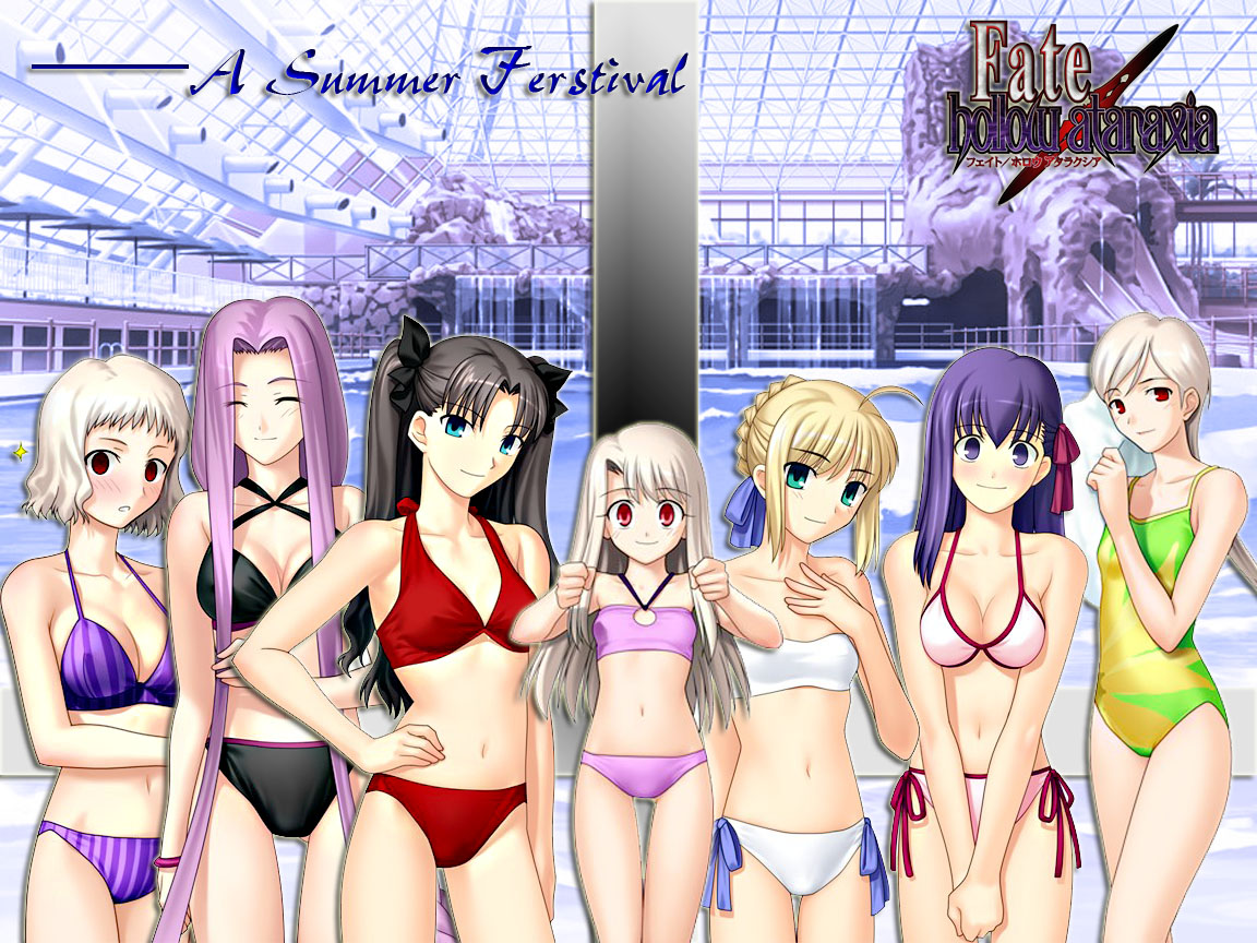 takeuchi takashi, artoria pendragon (fate), illyasviel von einzbern, leysritt (fate), matou sakura, medusa (fate), medusa (rider) (fate), saber (fate), sella (fate), tohsaka rin, fate/hollow ataraxia, fate/stay night, fate (series), 00s, 6+girls, bikini, flat chest, long hair, midriff, multiple girls, official alternate costume, one-piece swimsuit, side-tie bikini bottom, striped bikini, striped clothes, swimsuit, twintails, two side up, vertical-striped bikini, vertical-striped clothes
