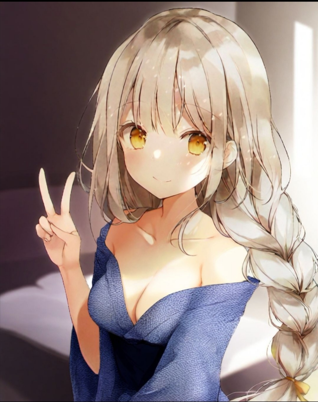 third-party edit, 1girl, bare shoulders, bed, bedroom, blurry, blurry background, blush, braid, breasts, brown hair, cleavage, closed mouth, collarbone, hair ribbon, indoors, japanese clothes, kimono, long hair, looking at viewer, medium breasts, off-shoulder yukata, off shoulder, peace symbol, ribbon, smile, solo, sunlight, twin braids, upper body, yellow eyes, yellow ribbon, yukata