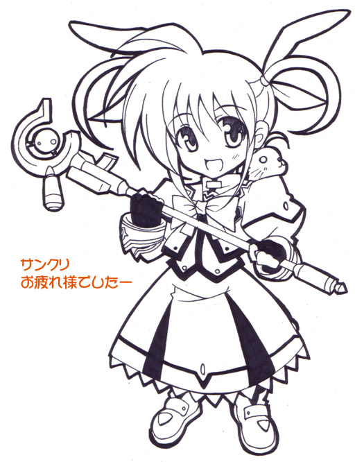 raising heart, takamachi nanoha, lyrical nanoha, mahou shoujo lyrical nanoha, 00s, 1girl, chibi, female focus, monochrome, solo, twintails