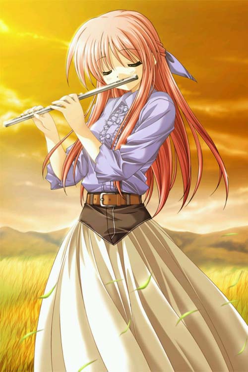 kiba satoshi, sakana (flame sakana), ouuta chiaki, puchi cherry ~anata to iru kisetsu~, game cg, 1girl, closed eyes, female focus, flute, grass, instrument, long hair, pink hair, solo