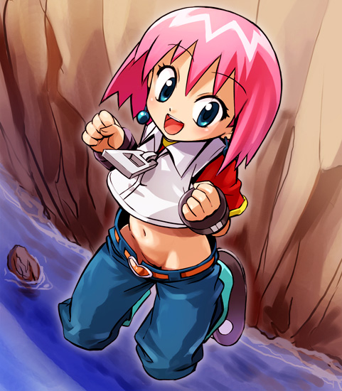 haruyama kazunori, beauty (bobobo-bo bo-bobo), bobobo-bo bo-bobo, 00s, 1girl, blue eyes, cliff, denim, downpants, female focus, from above, jeans, jewelry, loli, no panties, open mouth, oversized clothes, pants, pink hair, pussy, pussy peek, short hair, smile, solo