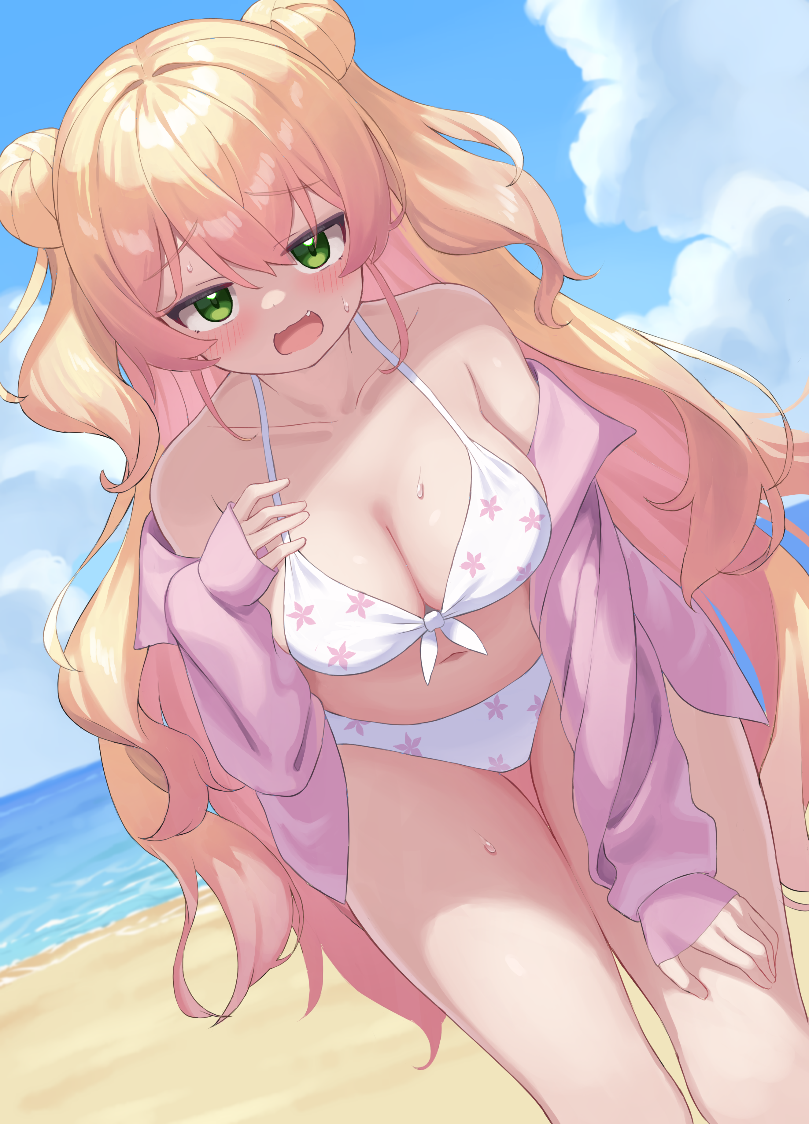 kajitsu no hito, momosuzu nene, hololive, absurdres, commentary request, highres, 1girl, beach, bikini, blonde hair, blue sky, breasts, cleavage, cloud, day, double-parted bangs, double bun, dutch angle, fang, floral print bikini, gradient hair, green eyes, hair between eyes, hair bun, halterneck, hand up, jacket, jacket over swimsuit, large breasts, long hair, looking at viewer, multicolored hair, navel, ocean, off shoulder, open mouth, outdoors, pink hair, pink jacket, side up bun, sidelocks, sky, solo, stomach, swimsuit, thigh gap, two side up, virtual youtuber, white bikini