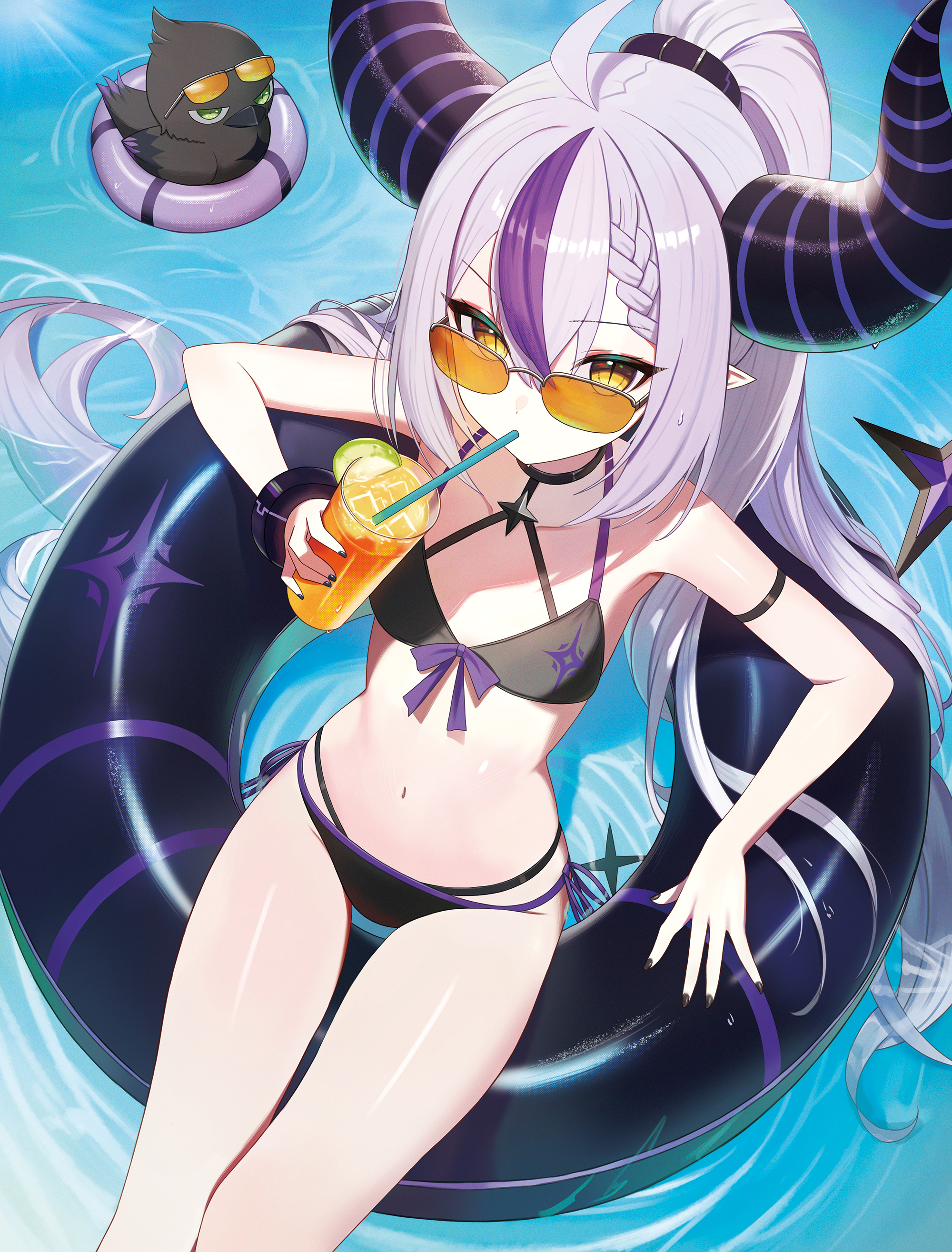 melreon, crow (la+ darknesss), la+ darknesss, hololive, absurdres, commentary request, highres, 1girl, ahoge, alternate costume, arm strap, bikini, black bikini, black horns, braid, braided bangs, cup, day, demon horns, double-parted bangs, drink, flat chest, front-tie bikini top, front-tie top, grey hair, hair between eyes, holding, holding cup, horns, innertube, long hair, looking at viewer, metal wrist cuffs, multi-strapped bikini bottom, multi-strapped bikini top, multicolored hair, navel, on innertube, pointy ears, ponytail, purple hair, side-tie bikini bottom, sitting, slit pupils, solo, stomach, streaked hair, sunglasses, swim ring, swimsuit, tail, tinted eyewear, two-tone hair, very long hair, virtual youtuber, water, yellow-tinted eyewear, yellow eyes