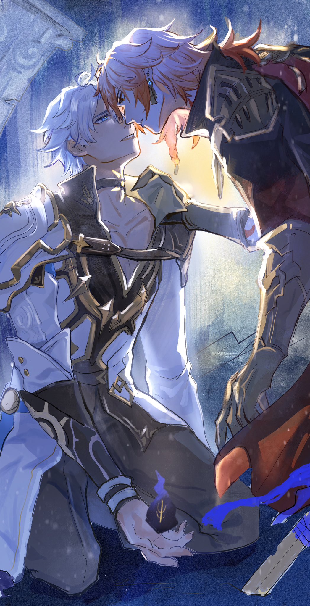 mydei (honkai: star rail), phainon (honkai: star rail), honkai: star rail, honkai (series), chinese commentary, commentary request, highres, 2boys, antenna hair, armor, black choker, black coat, black pants, black shirt, blonde hair, blue eyes, braid, cape, choker, clawed gauntlets, clothes grab, coat, coreflame (honkai: star rail), ducksaisai, earrings, eye contact, gold earrings, gradient hair, jewelry, kneeling, looking at another, male focus, medium hair, multicolored hair, multiple boys, neck tattoo, pants, parted bangs, pauldrons, red cape, red hair, shirt, shirt grab, short hair, shoulder armor, side braid, single pauldron, sun symbol, sun tattoo, tan, tattoo, white coat, white hair, yaoi, yellow eyes