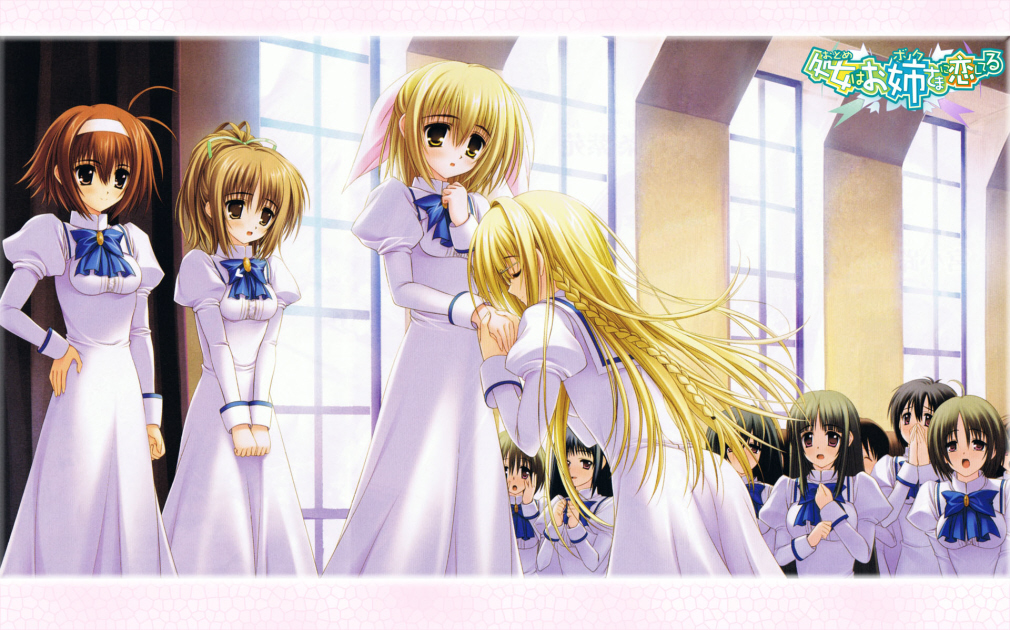 norita, kamioka yukari, mikado mariya, miyanokouji mizuho, suouin kana, otome wa boku ni koishiteru, 00s, 6+girls, :o, black hair, blonde hair, blue bow, blush, bow, bowtie, braid, brooch, brown eyes, brown hair, church, dress, green hair, hairband, hand on own hip, indoors, jewelry, kiss, kissing hand, long hair, multiple girls, nun, parted lips, school uniform, serafuku, short hair, single braid, surprised, very long hair, white dress, window, yellow eyes