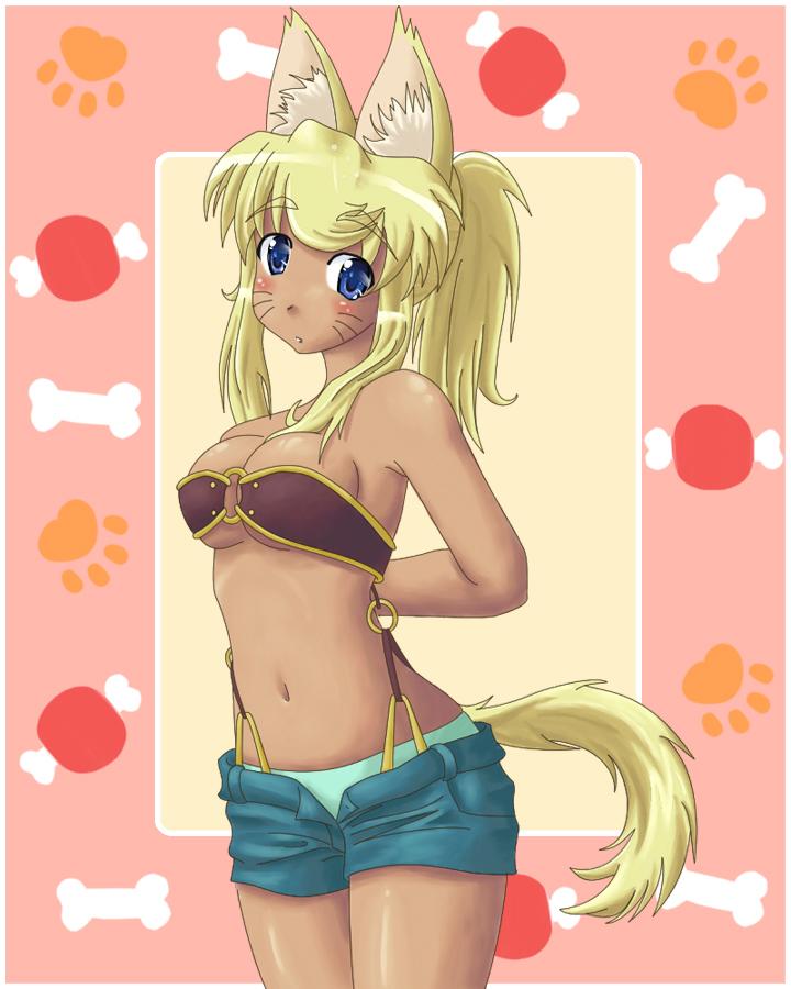 liru, renkin san-kyuu magical pokaan, 1girl, animal ears, bandeau bikini, belt bra, blonde hair, blue eyes, blush, dark-skinned female, dark skin, dog ears, dog tail, female focus, long hair, panties, pantyshot, shorts, solo, tail, underwear, wolf ears, wolf tail