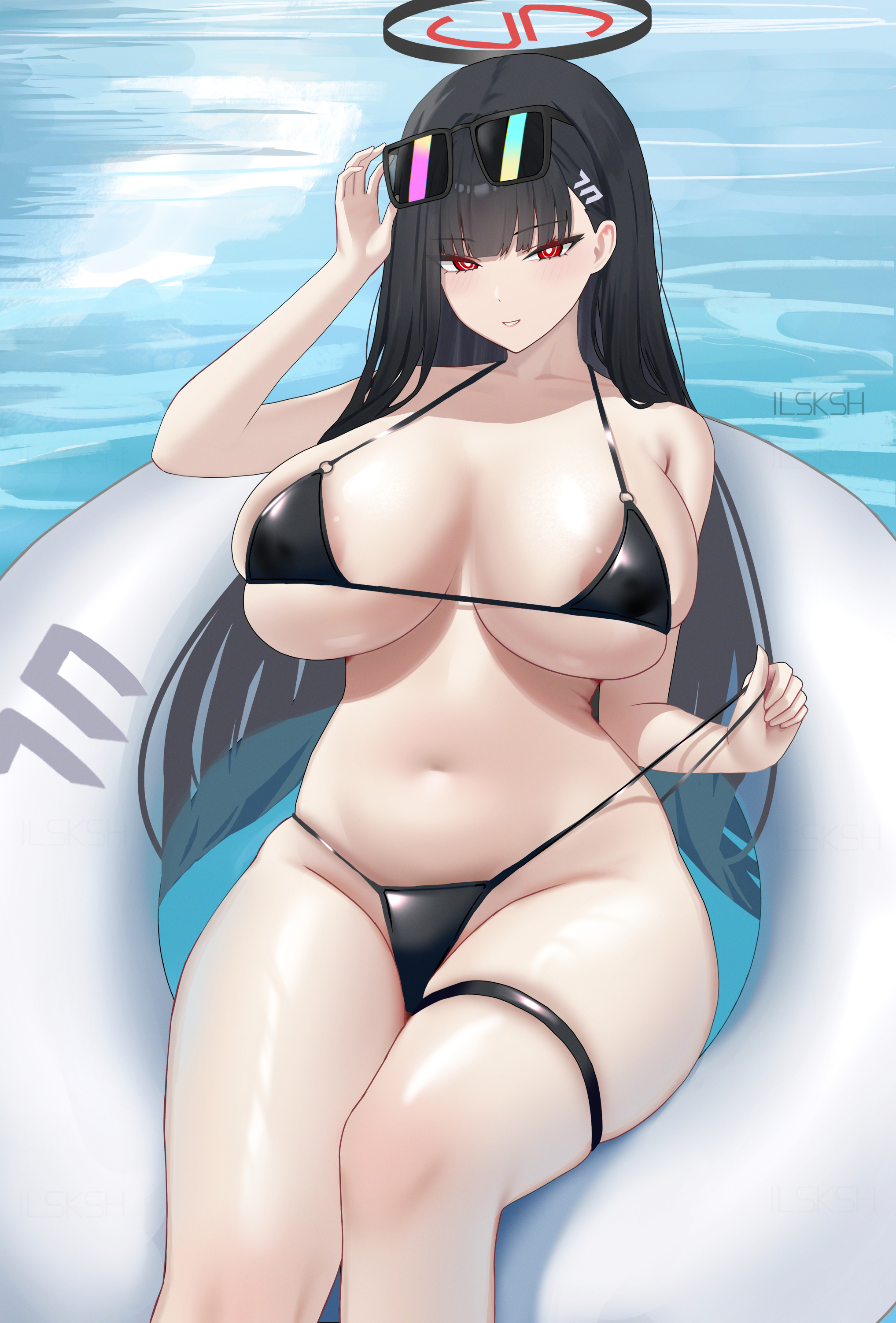 ilsksh, rio (blue archive), blue archive, absurdres, highres, 1girl, areola slip, bare shoulders, bikini, black hair, blush, breasts, cleavage, collarbone, hair ornament, hairclip, halo, huge breasts, innertube, long hair, looking at viewer, midriff, navel, red eyes, solo, sunglasses, swim ring, swimsuit, thighs