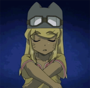 liru, renkin san-kyuu magical pokaan, screencap, animated, animated gif, lowres, 1girl, animal ears, armpits, blonde hair, blue background, blue eyes, bouncing breasts, bra, breasts, clothes lift, dark-skinned female, dark skin, dog ears, dog tail, extra ears, fangs, female focus, green bra, lingerie, long hair, shirt lift, solo, tail, underwear, undressing, wolf ears