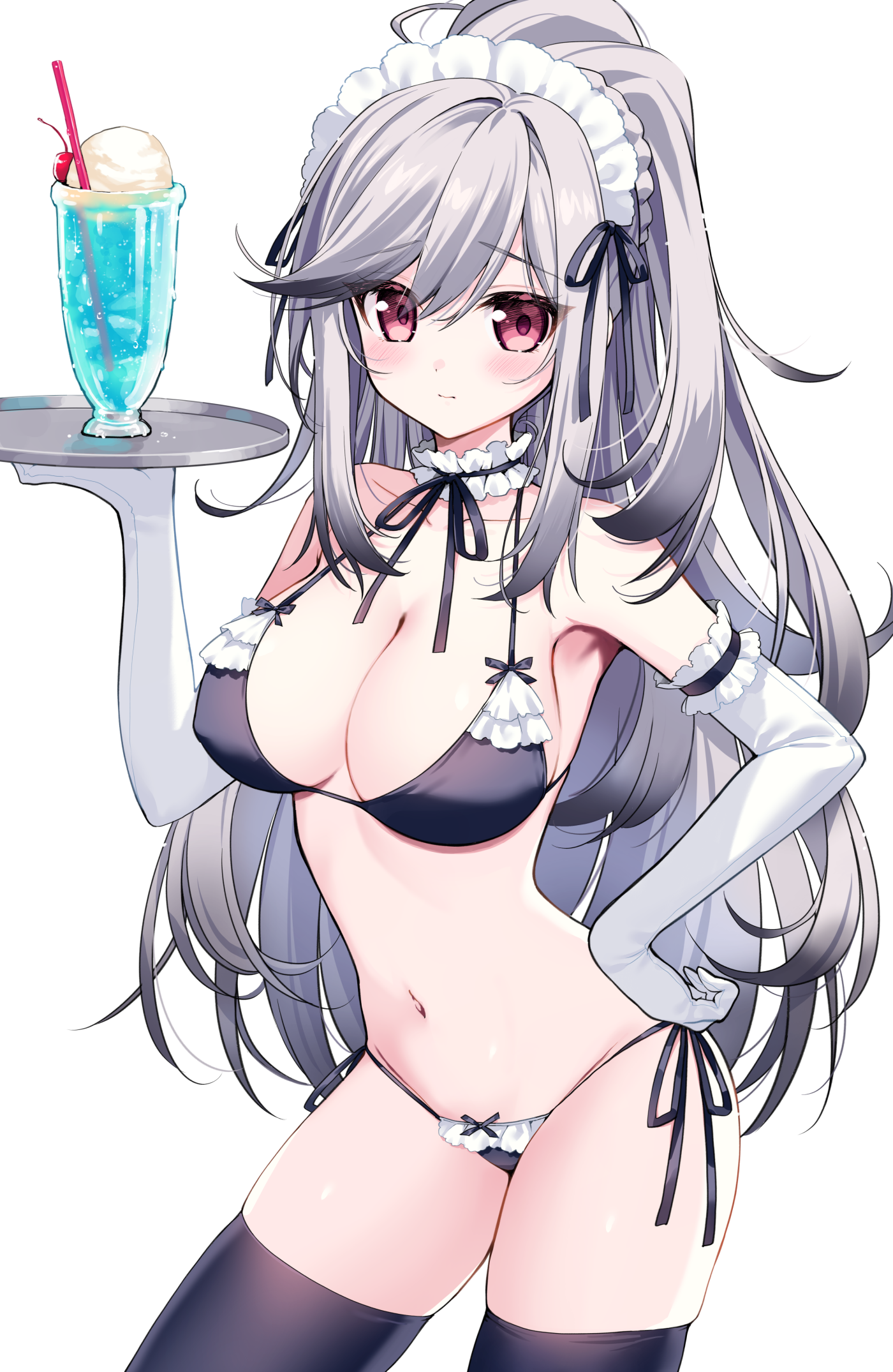 nikyuppa, dunkerque (azur lane), azur lane, commentary, commission, highres, skeb commission, 1girl, alternate costume, armpits, bare shoulders, bikini, black bikini, black thighhighs, breasts, choker, cleavage, closed mouth, contrapposto, cowboy shot, elbow gloves, frilled bikini, frilled choker, frilled gloves, frills, gloves, gradient hair, grey hair, halterneck, hand on own hip, hand up, large breasts, long hair, looking at viewer, maid, maid bikini, maid headdress, multicolored hair, navel, ponytail, red eyes, side-tie bikini bottom, simple background, skindentation, solo, stomach, string bikini, swept bangs, swimsuit, thighhighs, tray, tropical drink, unconventional maid, very long hair, white background, white gloves