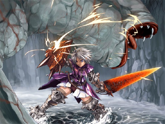 takekawa shin, khezu, capcom, monster hunter (series), 1girl, armor, battle, blue eyes, boots, fighting, gravios (armor), grey hair, monster, shield, short hair, sword, thigh boots, thighhighs, vespoid (armor), weapon