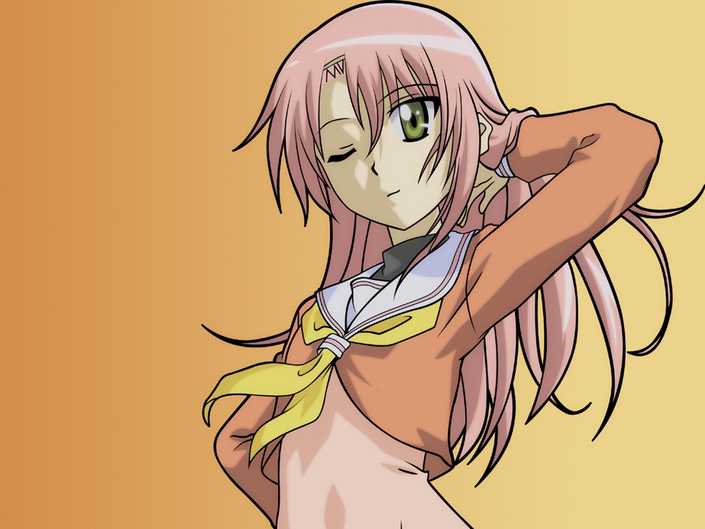 katsura hinagiku, hayate no gotoku!, 00s, one eye closed, pink hair, school uniform, serafuku, solo, wink, yellow eyes