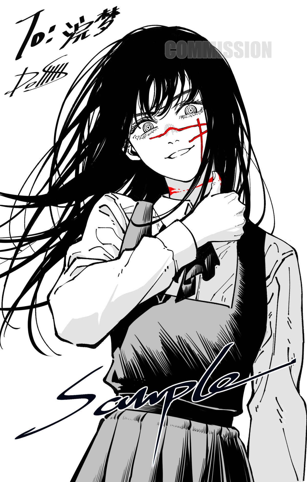 dollllls2, yoru (chainsaw man), chainsaw man, commentary, commission, highres, 1girl, artist name, blood, blood on neck, collared shirt, commissioner name, cowboy shot, dress, fourth east high school uniform, fujimoto tatsuki (style), greyscale, grin, long hair, long sleeves, monochrome, parted lips, pinafore dress, ringed eyes, sample watermark, scar, scar on face, scar on nose, school uniform, shirt, signature, simple background, sleeveless, sleeveless dress, smile, solo, spot color, thumbs up, watermark, white background, wiping blood