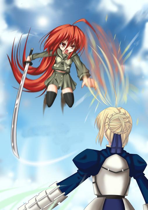 artoria pendragon (fate), saber (fate), shana, fate/stay night, fate (series), shakugan no shana, artist request, 00s, 2girls, ahoge, armor, battle, crossover, multiple girls, red hair, sword, thighhighs, trait connection, weapon