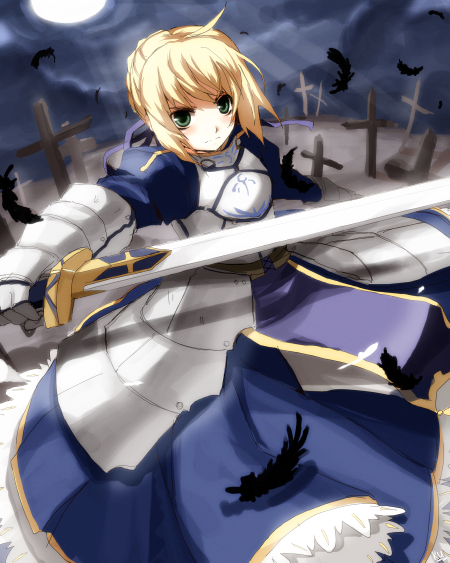 kurot, artoria pendragon (fate), saber (fate), fate/stay night, fate (series), 00s, 1girl, armor, armored dress, blonde hair, cross, dress, feathers, female focus, gauntlets, glowing, glowing weapon, graveyard, green eyes, latin cross, solo, sword, weapon