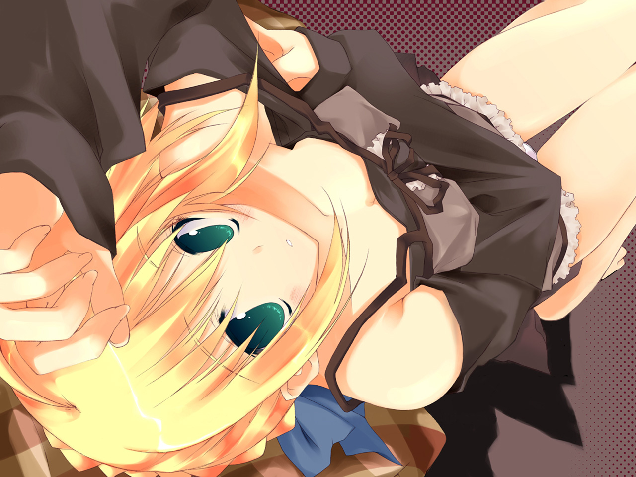 10mo, artoria pendragon (fate), saber (fate), fate/stay night, fate (series), third-party edit, 00s, 1girl, bare shoulders, barefoot, blonde hair, casual, female focus, green eyes, official alternate costume, parted lips, ribbon, solo
