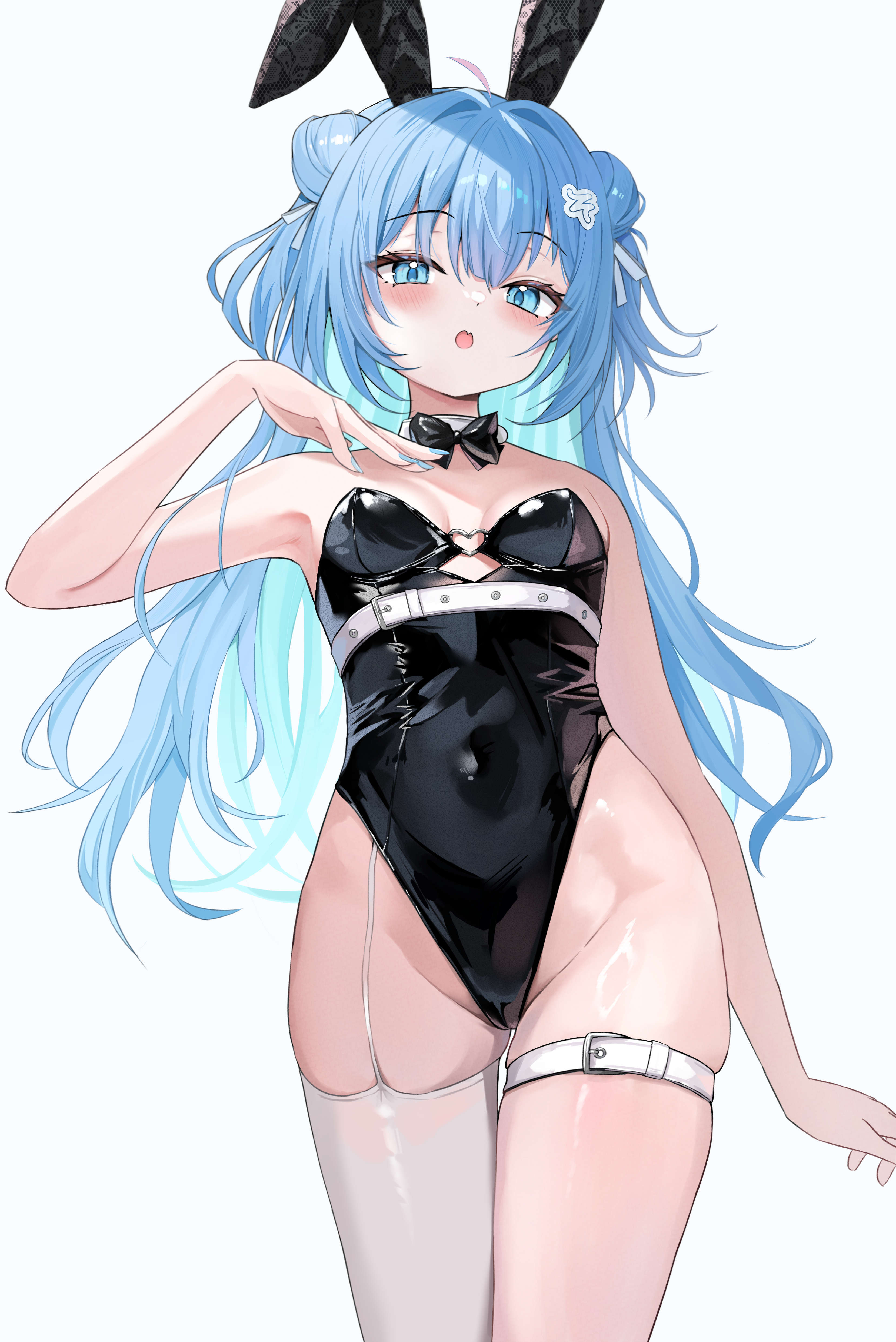 shawn358, mihanada somaru, indie virtual youtuber, absurdres, highres, 1girl, animal ears, black leotard, blue eyes, blue hair, blush, bow, bowtie, breasts, cleavage, covered navel, cowboy shot, detached collar, double bun, fake animal ears, hair bun, highleg, highleg leotard, leotard, long hair, looking at viewer, playboy bunny, rabbit ears, simple background, single thighhigh, small breasts, smile, solo, strapless, strapless leotard, thigh strap, thighhighs, traditional bowtie, white background, wrist cuffs