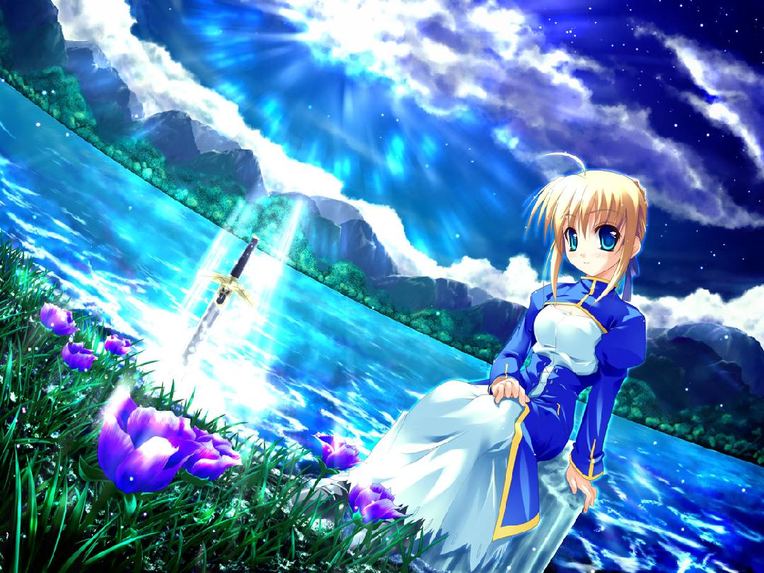 artoria pendragon (fate), saber (fate), fate/stay night, fate (series), 00s, dress, flower, solo, sword, water, weapon