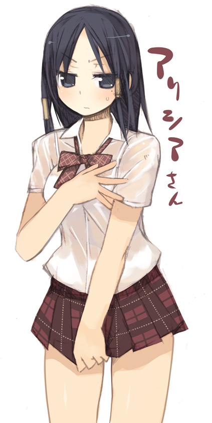 kashiwamochi yomogi, alicia (bullet witch), aq interactive, bullet witch, cavia, original, 1girl, alternate costume, blush, bra strap, covering breasts, covering crotch, covering privates, female focus, jitome, mole, school uniform, see-through clothes, serafuku, skirt, skirt tug, solo, wet