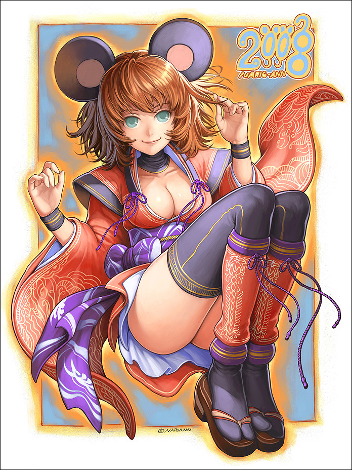 arina nary, 00s, 2008, animal ears, breasts, cleavage, japanese clothes, kimono, large breasts, mouse ears, new year, solo, thighhighs