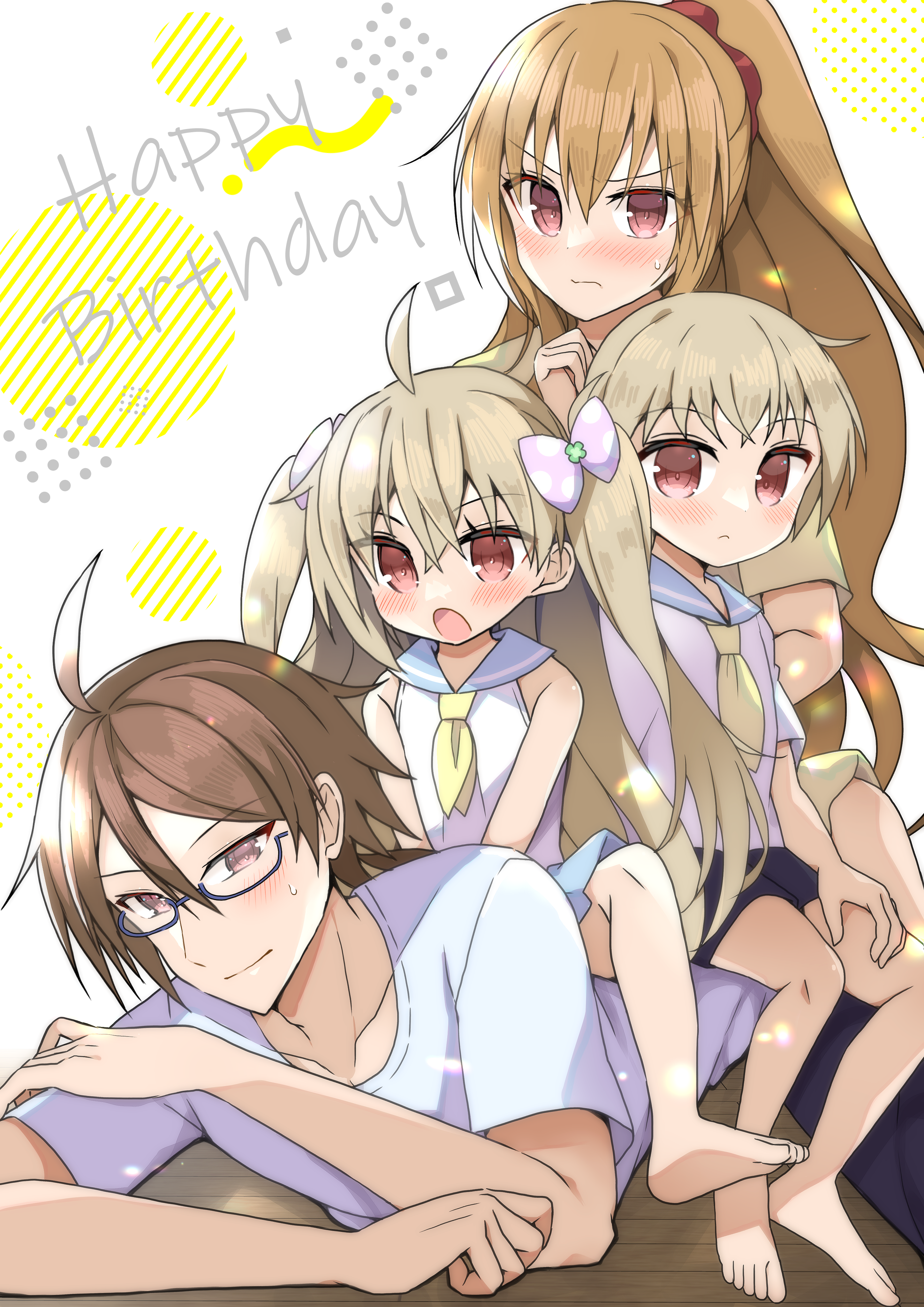 fuuna thise, absurdres, commentary request, copyright request, highres, bare arms, bare shoulders, barefoot, black shorts, blue-framed eyewear, blue sailor collar, blue skirt, blush, bow, brown eyes, brown hair, brown shirt, closed mouth, glasses, hair between eyes, hair bow, happy birthday, looking at viewer, lying, on stomach, pink bow, pleated skirt, polka dot, polka dot bow, ponytail, sailor collar, shirt, short sleeves, shorts, sitting, sitting on person, skirt, sleeveless, sleeveless shirt, small sweatdrop, smile, sweat, twintails, v-shaped eyebrows, wavy mouth, white background, white shirt