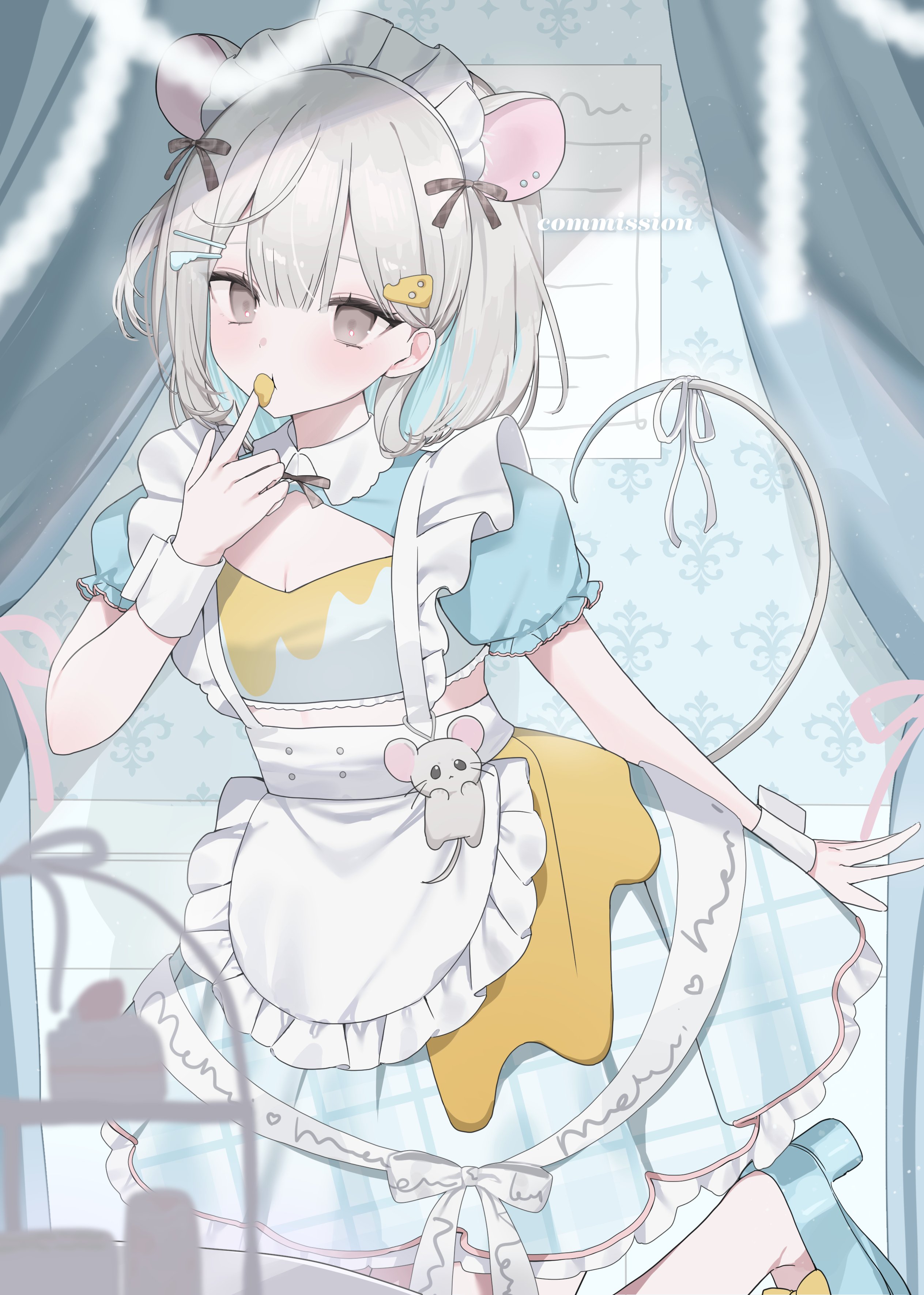kohaku sogo, original, absurdres, highres, 1girl, animal ears, apron, blue hair, blue shirt, blue skirt, blush, bow, breasts, cake, colored inner hair, eating, food, frills, grey eyes, grey hair, hair bow, hair ornament, maid headdress, medium hair, mouse (animal), mouse ears, mouse girl, mouse tail, multicolored hair, shirt, shoes, short sleeves, skirt, tail, tiered tray, white apron, wrist cuffs