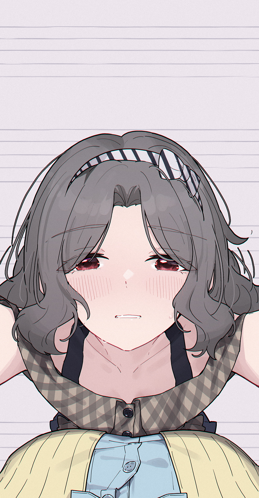yun cao bing, ebizuka tomo, rupa (girls band cry), girls band cry, chinese commentary, commentary request, highres, 2girls, asymmetrical docking, blue shirt, blush, breast press, breasts, grey hair, hairband, large breasts, looking at viewer, multiple girls, open mouth, red eyes, shirt, short hair, sweat, white hairband, yuri