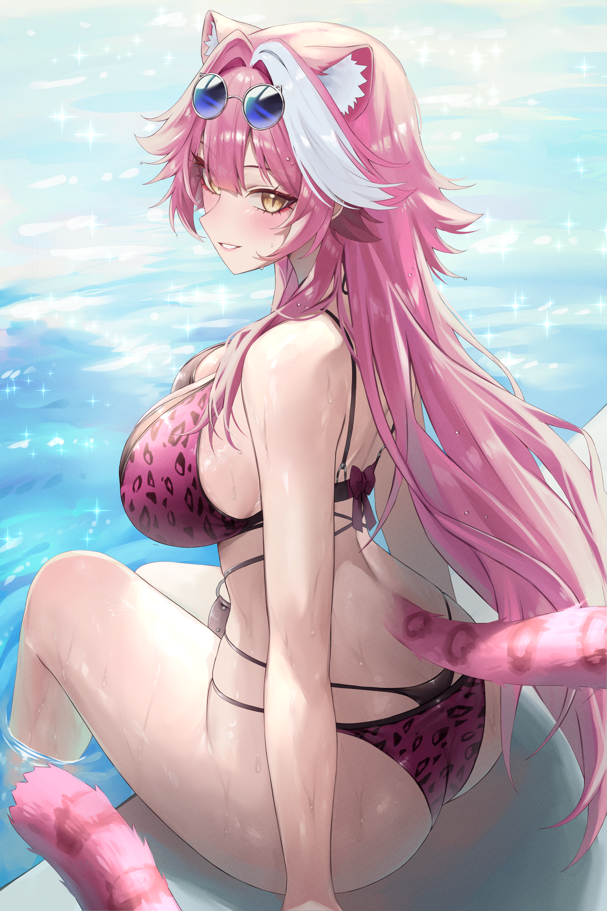 vitaminechan, raora panthera, raora panthera (holonatsu paradise), hololive, hololive english, absurdres, commentary, english commentary, highres, 1girl, animal ear fluff, animal ears, ass, bikini, blush, breasts, cat ears, cat girl, cat tail, eyewear on head, grin, leopard print bikini, long hair, parted lips, pink hair, print bikini, purple bikini, sitting, slit pupils, smile, soaking feet, solo, sunglasses, swimsuit, tail, very long hair, virtual youtuber, water, yellow eyes