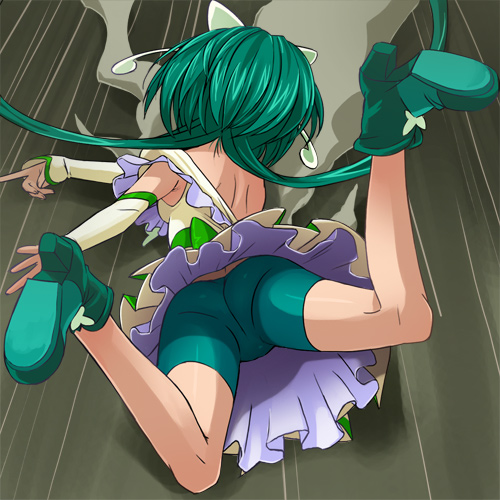 haruyama kazunori, akimoto komachi, cure mint, precure, yes! precure 5, lowres, 00s, 1girl, ass, bike shorts, bike shorts under skirt, female focus, green hair, green shorts, shorts, shorts under skirt, skirt, solo, upskirt