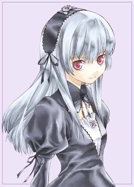 takano natsuki, suigintou, rozen maiden, silver hair, 00s, 1girl, black dress, detached collar, dress, female focus, frills, hairband, juliet sleeves, lolita hairband, long hair, long sleeves, looking at viewer, pink background, puffy sleeves, simple background, solo, upper body, very long hair