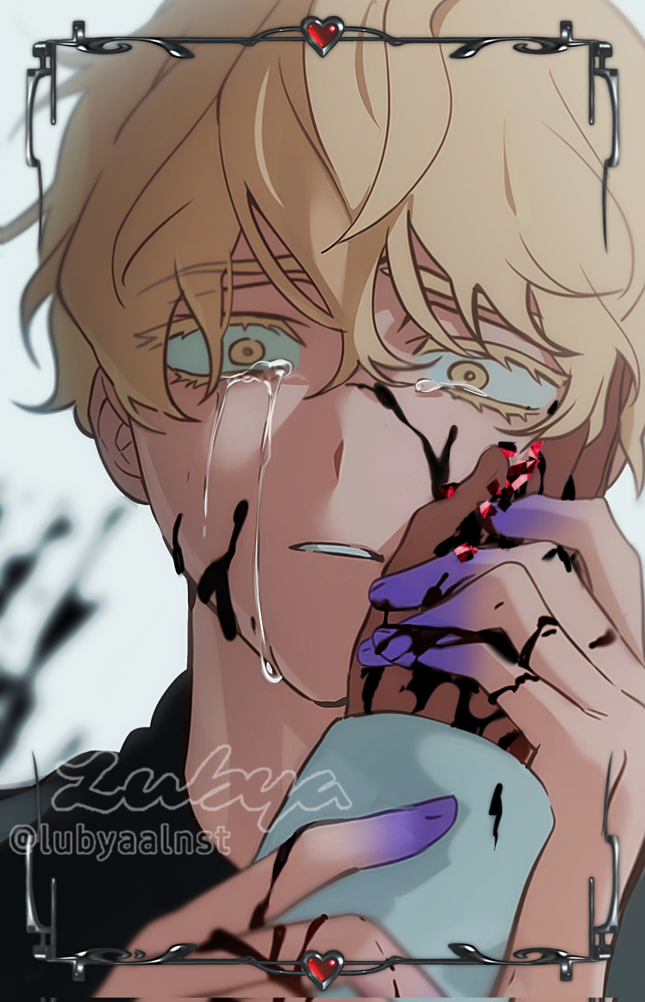 hyuna (alien stage), luka (alien stage), alien stage, commentary, hashtag-only commentary, highres, 1boy, 1girl, black blood, black shirt, blonde hair, blood, blood on face, blood on hands, colored extremities, colored eyelashes, crying, crying with eyes open, dark skin, lubya, male focus, parted lips, shirt, signature, solo focus, tears, twitter username, watermark, yellow eyes