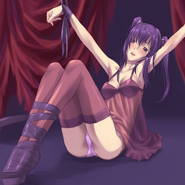 mosha, lenalee lee, d.gray-man, 00s, 1girl, arms up, babydoll, bdsm, bondage, bound, breasts, chemise, female focus, indoors, legs, lingerie, long hair, panties, purple eyes, purple hair, solo, thighhighs, twintails, underwear