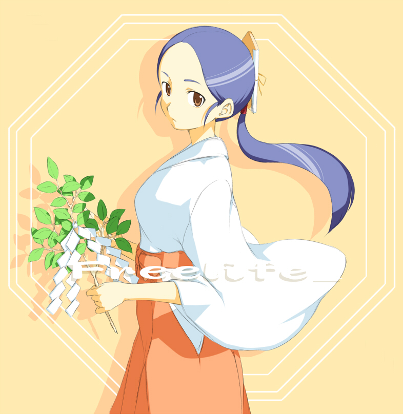 hamao, original, 1girl, blue hair, blush, branch, female focus, from side, gohei, hakama, hakama skirt, japanese clothes, kimono, looking at viewer, looking to the side, miko, oonusa, ponytail, red eyes, red hakama, red skirt, sidelocks, skirt, solo, standing