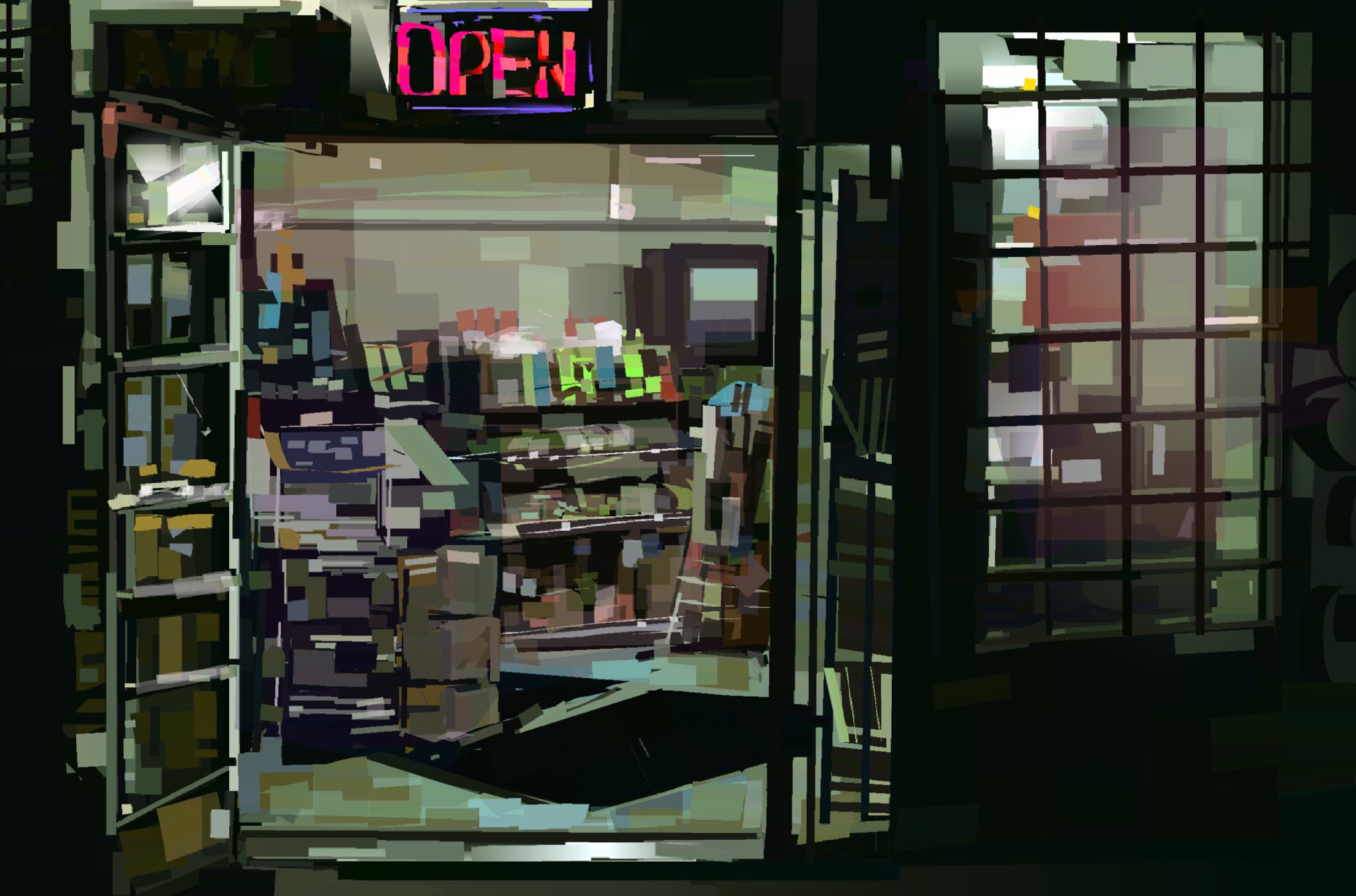 junbuug, original, commentary, english commentary, highres, art study, box, cardboard box, convenience store, from outside, neon sign, no humans, open door, open sign, painterly, scenery, shelf, shop, welcome mat, window