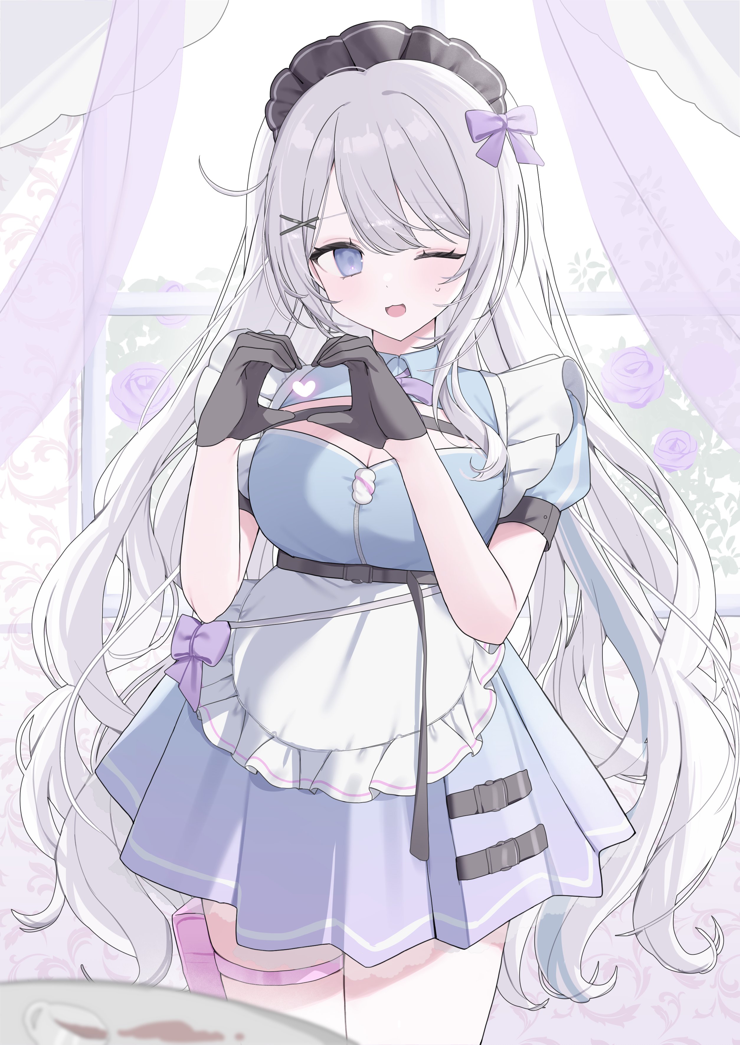kohaku sogo, original, absurdres, highres, 1girl, apron, black gloves, blue dress, blue eyes, blush, bow, breasts, cleavage, curtains, dress, flower, frills, gloves, hair bow, hair ornament, headdress, heart, heart hands, long hair, looking at viewer, maid headdress, medium breasts, one eye closed, open mouth, pouch, purple bow, short sleeves, smile, solo, thigh pouch, thigh strap, very long hair, white apron, white hair, window
