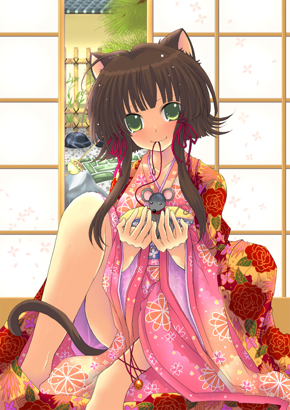 sakurai unan, animal ears, barefoot, bell, blush, cat ears, japanese clothes, kimono, mouse (animal), mouth hold, smile, solo