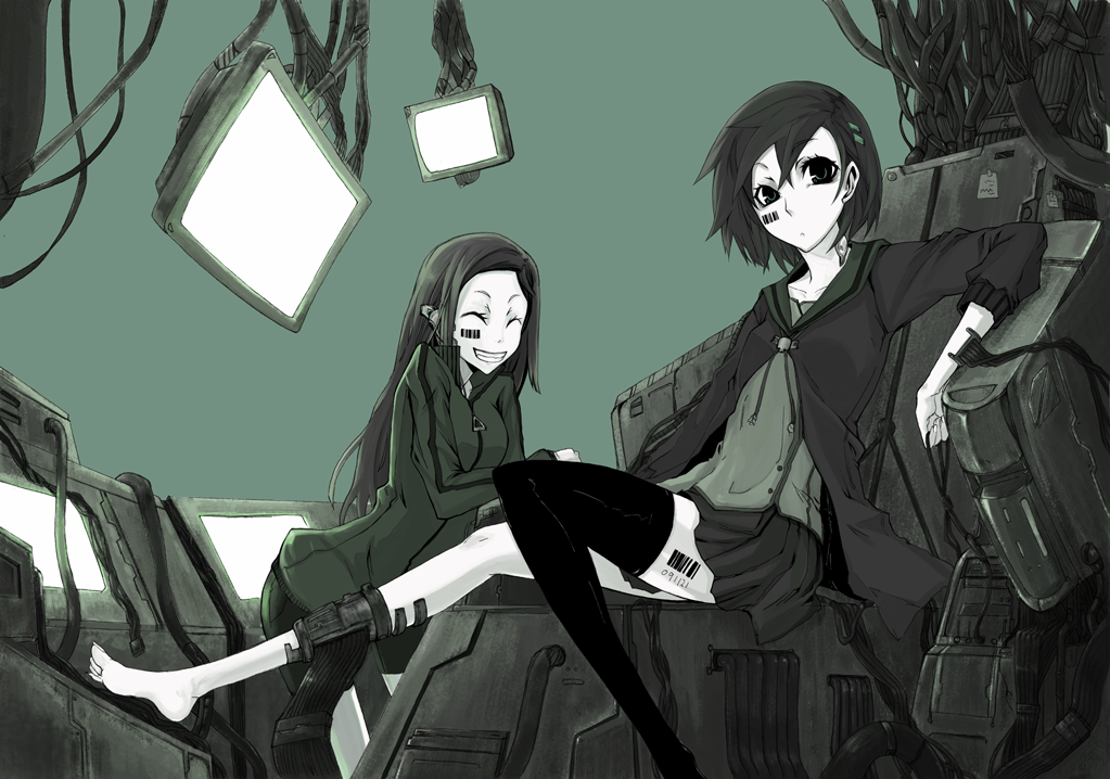 rage (rojiura), original, 2girls, angry, barcode, barefoot, cable, feet, furious, green theme, mechabare, monitor, monochrome, multiple girls, science fiction, sitting, skirt, smile, thighhighs, zettai ryouiki