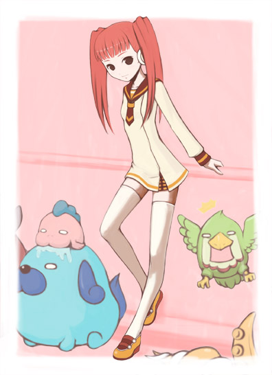 mamoru (arizona), original, 1girl, against wall, creature, female focus, full body, loafers, long sleeves, looking at viewer, necktie, railing, red eyes, red hair, red necktie, sailor collar, school uniform, serafuku, shoes, solo, thighhighs, twintails, white thighhighs, zettai ryouiki