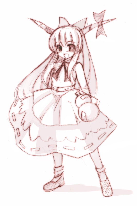 seo tatsuya, ibuki suika, touhou, 1girl, :d, bow, dress, female focus, full body, gourd, hair bow, horn ornament, horns, layered dress, legs apart, looking at viewer, mary janes, monochrome, open mouth, shoes, simple background, sketch, smile, solo, standing, white background, wrist cuffs