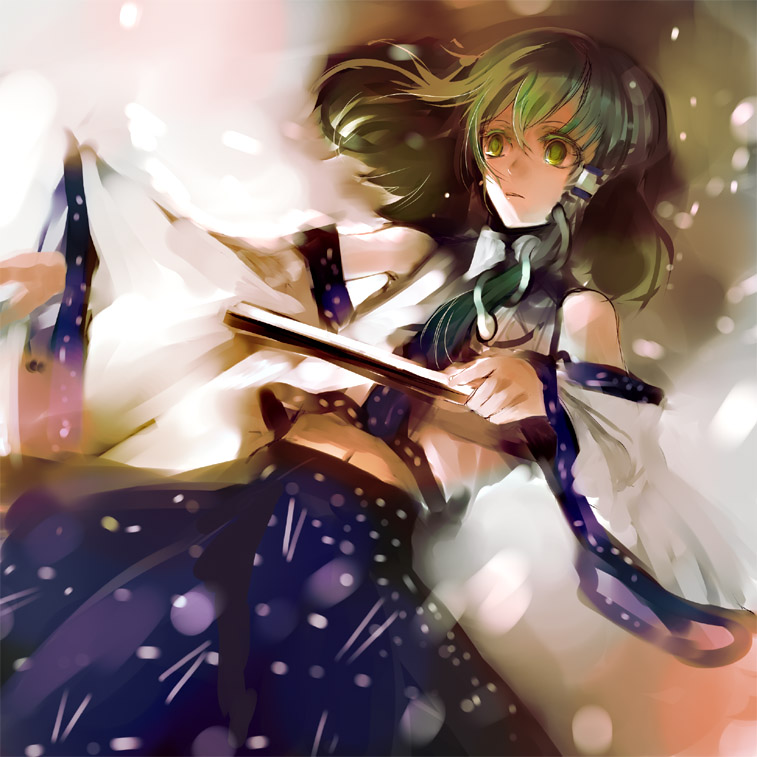 nokishita, kochiya sanae, touhou, 1girl, detached sleeves, dutch angle, female focus, green eyes, green hair, hair ornament, looking to the side, matching hair/eyes, midriff, navel, nontraditional miko, snake hair ornament, snow, solo, wide sleeves