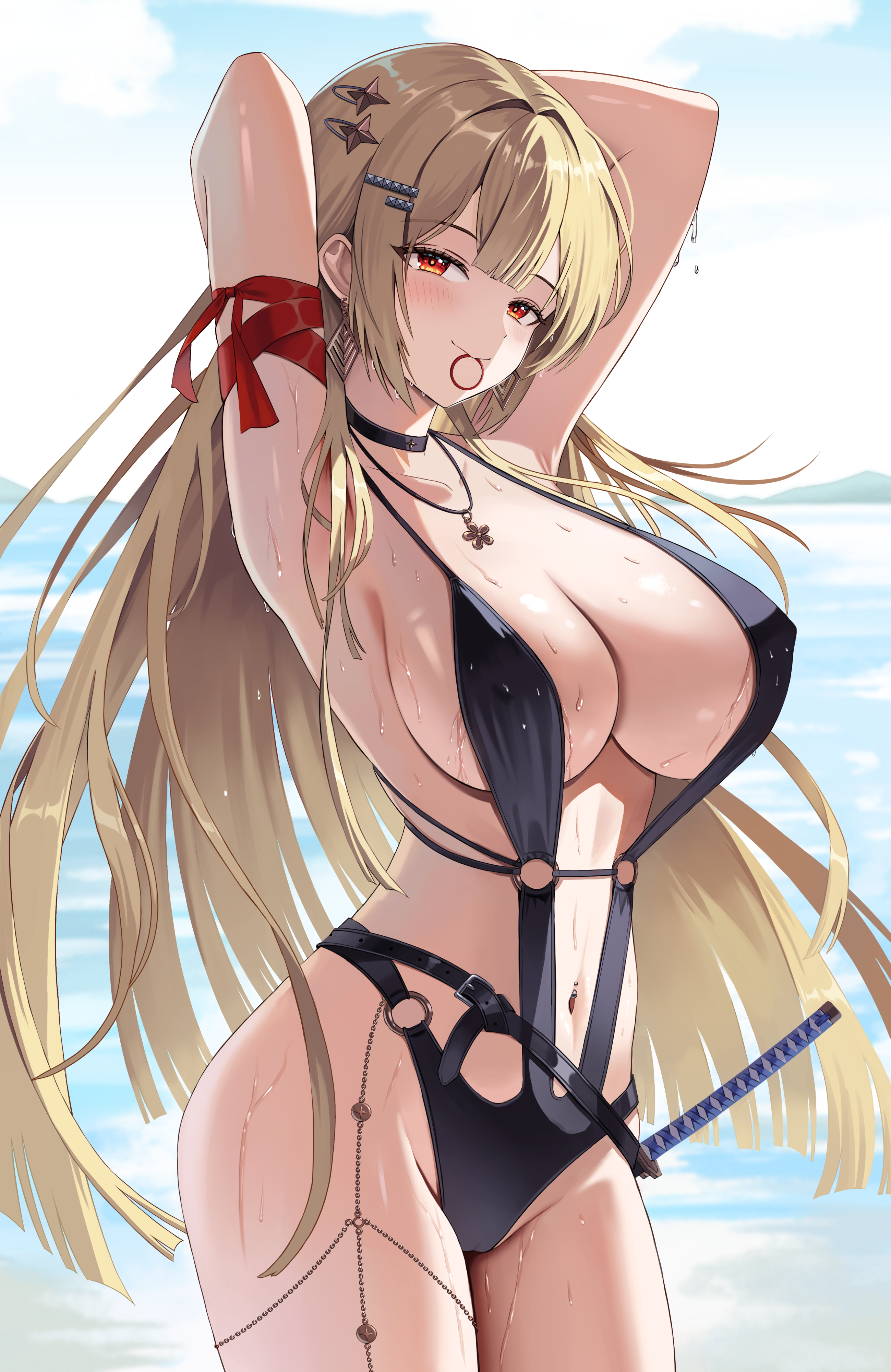 junma art, original, absurdres, commentary request, highres, 1girl, arm ribbon, armpits, arms up, bare shoulders, black choker, black slingshot swimsuit, blonde hair, breasts, choker, cleavage, closed mouth, covered erect nipples, cowboy shot, hair ornament, hair tie in mouth, hairclip, jewelry, large breasts, long hair, looking at viewer, mouth hold, navel, necklace, o-ring, ocean, red eyes, ribbon, slingshot swimsuit, smile, solo, spaghetti strap, stomach, swimsuit, thighs, very long hair, wet