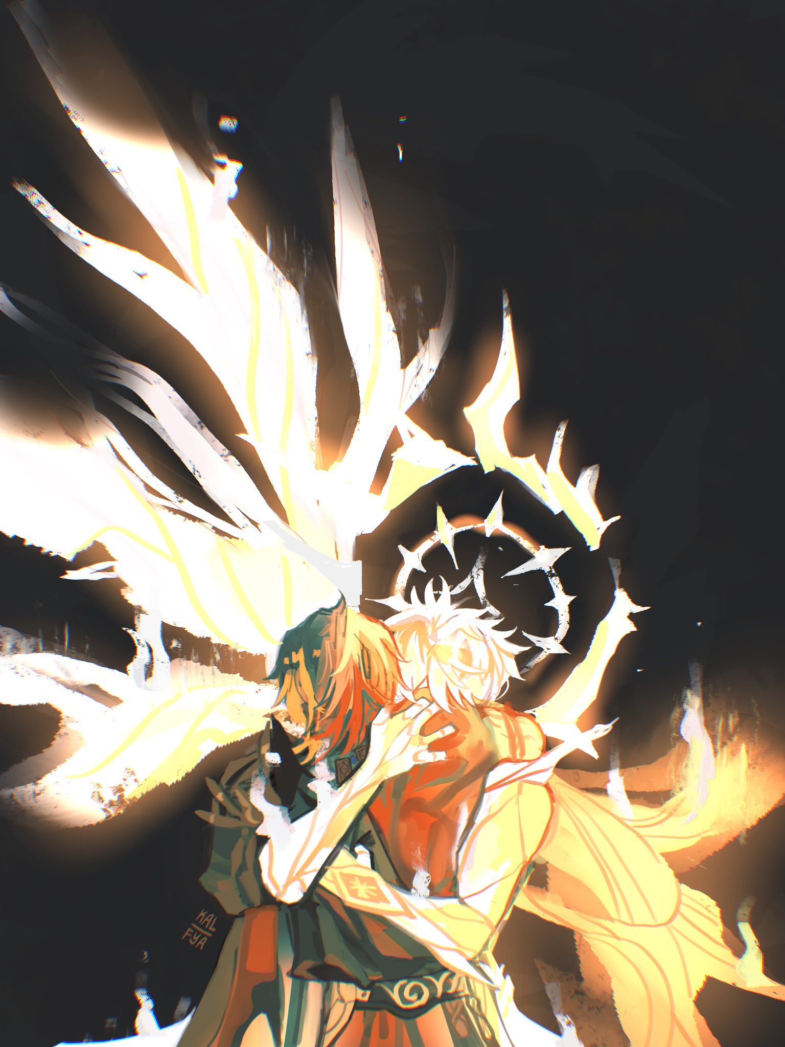mydei (honkai: star rail), phainon (honkai: star rail), phainon (khaslana) (honkai: star rail), honkai: star rail, honkai (series), commentary, english commentary, highres, 2boys, alternate form, asymmetrical wings, back tattoo, black background, black coat, blonde hair, cape, coat, cracked skin, gradient hair, halo, halo behind head, hug, kalfyaarts, male focus, material growth, medium hair, multicolored hair, multiple boys, open clothes, open coat, red cape, red hair, short hair, side cape, simple background, tattoo, wings, yaoi, yellow blood