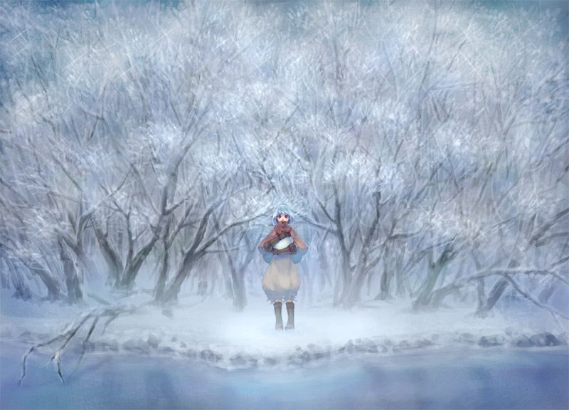 aila jyrkiainen, original, 1girl, bare tree, blue hair, boots, covered mouth, female focus, forest, holding, looking at viewer, nature, poncho, puffy pants, red eyes, river, short hair, snow, snowball, solo, tree, water, winter